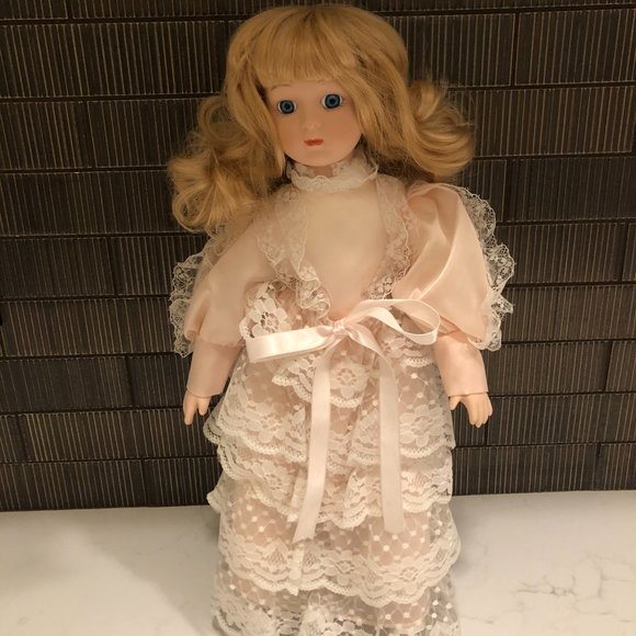Blonde Hair/Blue Eyed Porcelain Doll in Pink Satin and Lace Dress - Picture 4 of 9